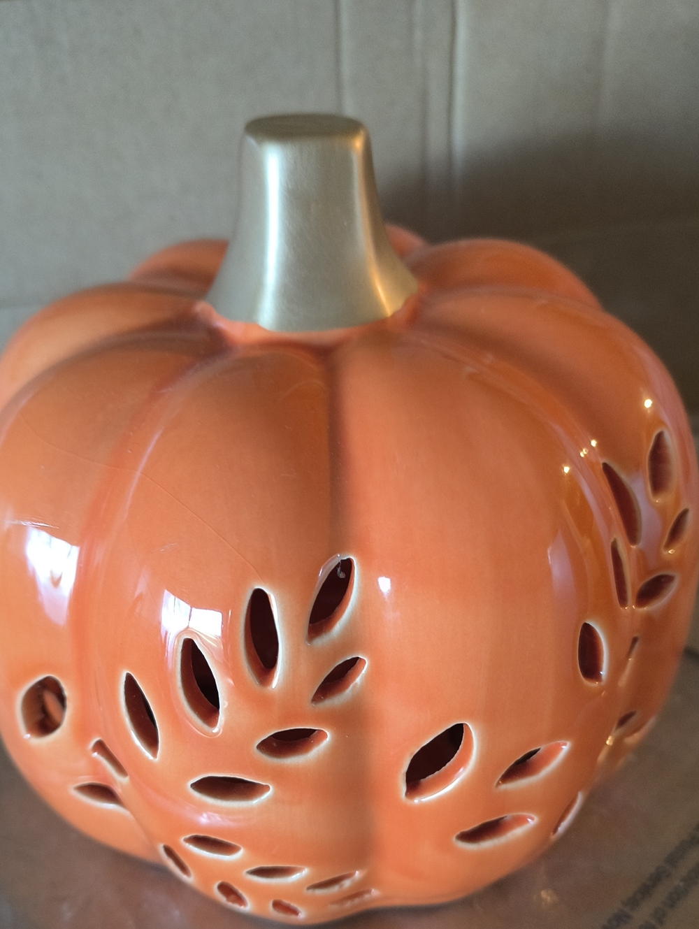 NWOT Orange Ceramic Pumpkin Lantern with Gold Stem - Picture 2 of 4